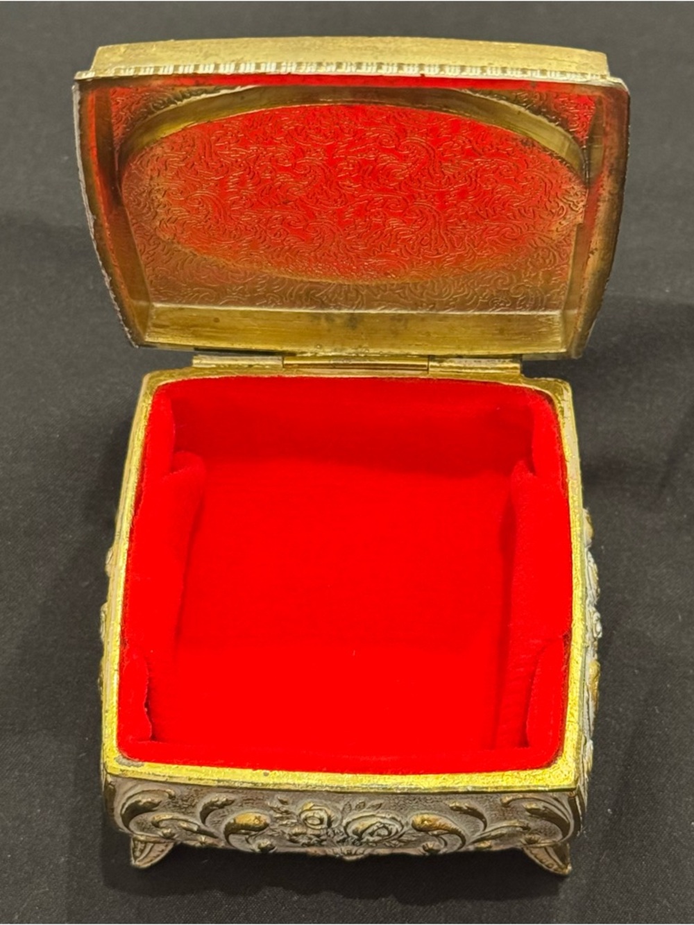 Vintage Footed Square Metal Jewelry Trinket Box Red Velvet Lined Japan